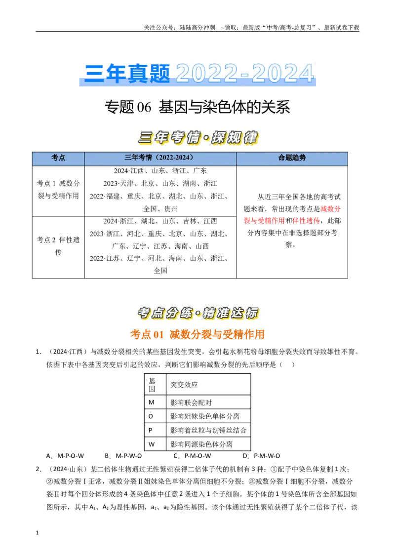 《专题06基因与染色体的关系（原卷版）_06-生物-高考总复习_专项复习_2025年_五年2020-2024高考真题分类汇编生物真题分类汇编（全国通用）》第1页预览