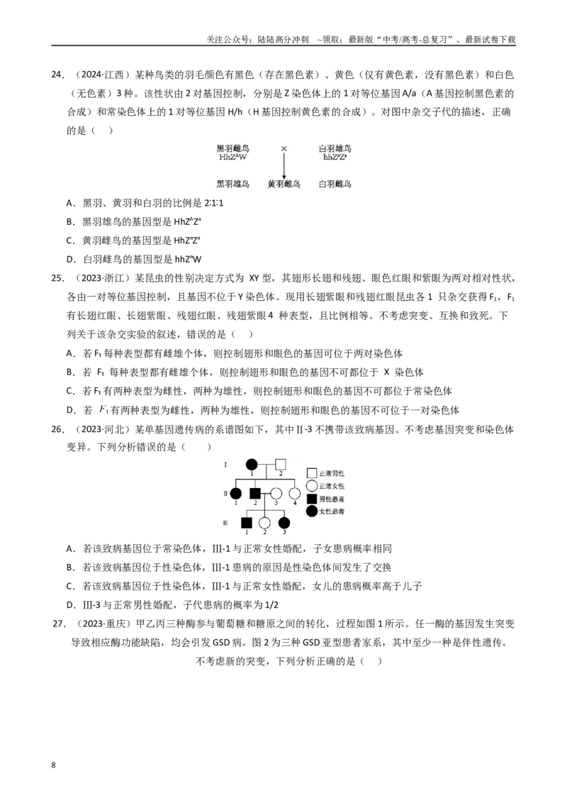《专题06基因与染色体的关系（原卷版）_06-生物-高考总复习_专项复习_2025年_五年2020-2024高考真题分类汇编生物真题分类汇编（全国通用）》第8页预览