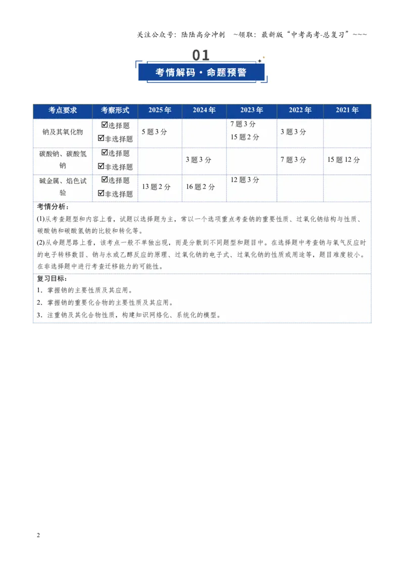 《第01讲钠及其重要化合物（复习讲义）（湖南专用）（学生版）_05-化学-高考总复习_一轮复习_2026年-化学高考一轮复习_2026年高考化学一轮课件+讲义+练习（湖南专用）-G331》第2页预览