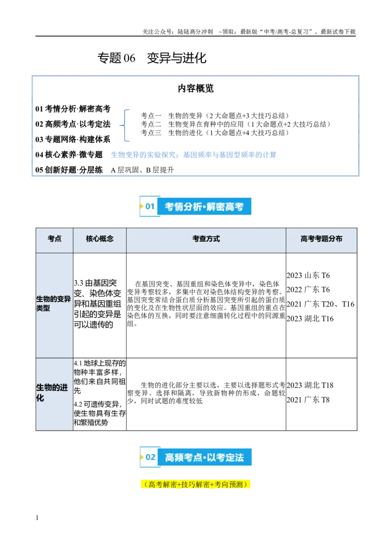 《专题06变异与进化（讲义）（解析版）_06-生物-高考总复习_二轮复习_2024年_2024年高考生物二轮复习高频考点追踪与预测（新高考专用）_讲义_教师版（含答案解析）》第1页预览