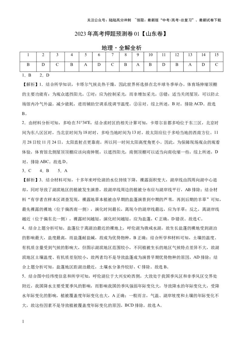 《2023年高考押题预测卷01（山东卷）-地理（全解全析）_07-地理-高考总复习_专项复习_2024年_2023年地理高考押题预测卷01》第1页预览