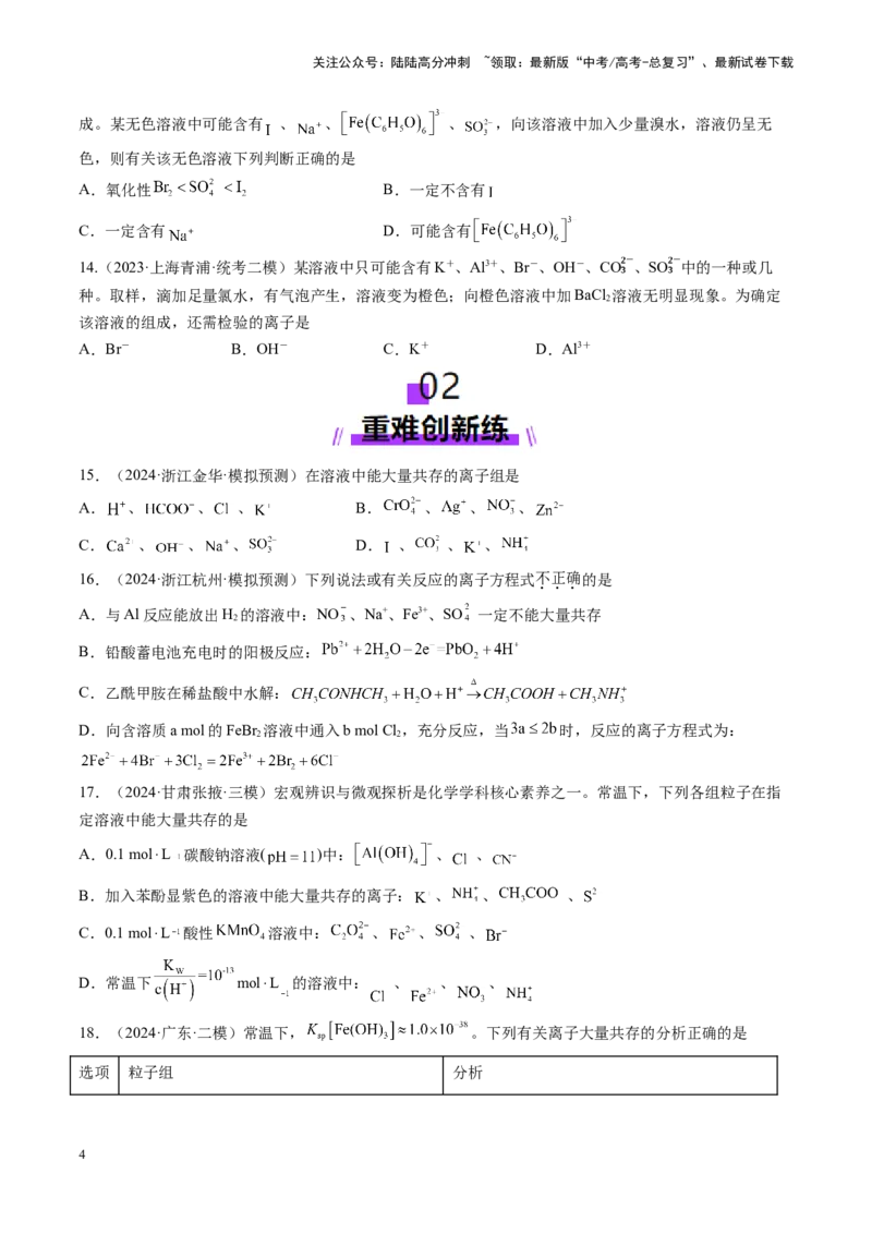 《第03讲离子共存、离子的检验与推断（练习）（学生版）_05-化学-高考总复习_一轮复习_2025年_2025年高考化学一轮复习讲义+练习+课件（新教材新高考）_第一章物质及其变化》第4页预览