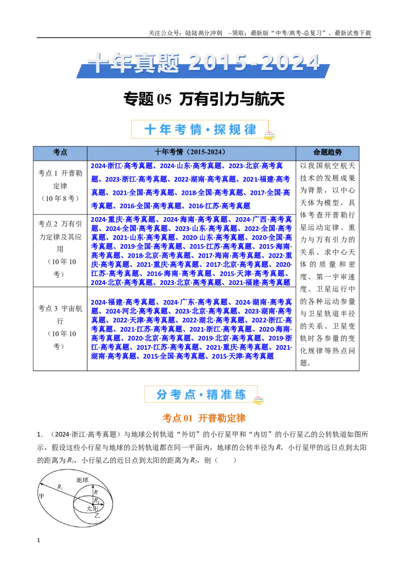 《专题05万有引力与航天-（解析版）_04-物理-高考总复习_专项复习_2025年_十年（2015-2024）高考物理真题分类汇编（全国通用）》第1页预览