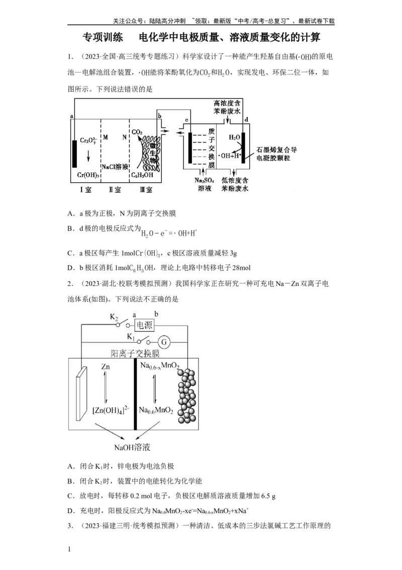 《电化学中电极质量、溶液质量变化的计算（原卷版）_05-化学-高考总复习_一轮复习_2024年_2024年高三化学一轮复习高考专项训练知识梳理练习_资料》第1页预览