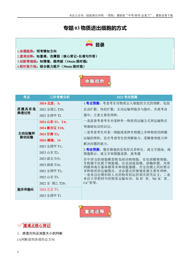 《专题03物质进出细胞的方式（解析版）_06-生物-高考总复习_专项复习_2025年_2025年高考生物重难点讲义专练（新高考通用）》第1页预览