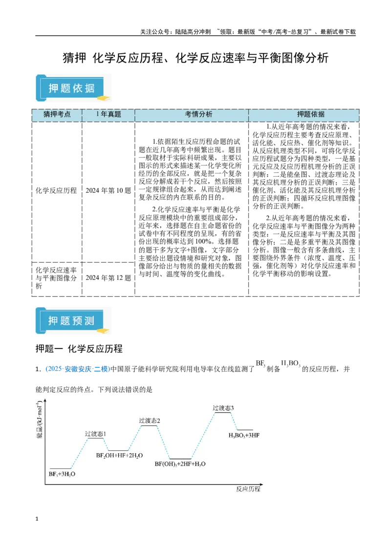 《猜押化学反应历程、化学反应速率与平衡图像分析（教师版）_05-化学-高考总复习_专项复习_2025年_2025年高考化学抢押秘籍（安徽专用）》第1页预览
