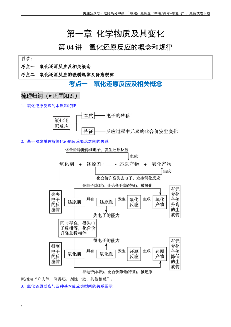 《第04讲氧化还原反应的概念和规律（讲义通关）（原卷版）_05-化学-高考总复习_一轮复习_2024年_2024年高考化学一轮复习基础大通关（新教材新高考）_资料》第1页预览