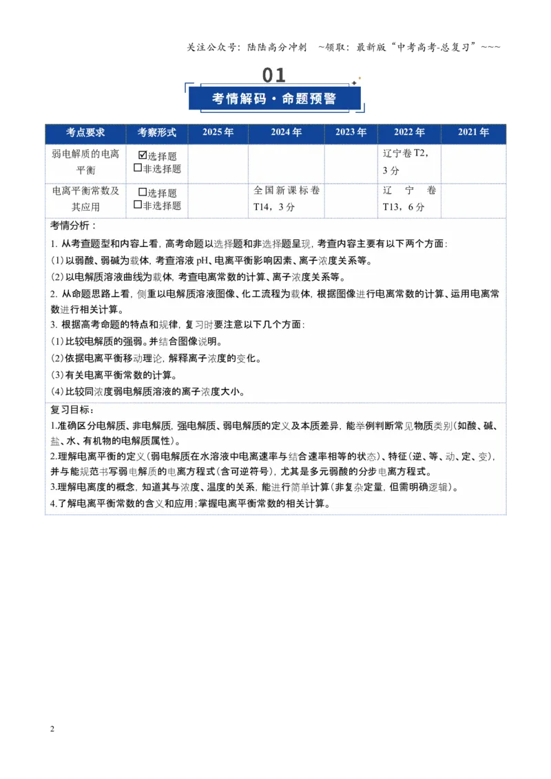 《第01讲电离平衡（复习讲义）（黑吉辽蒙专用）（教师版）_05-化学-高考总复习_一轮复习_2026年-化学高考一轮复习_2026年高考化学一轮课件+讲义+练习（黑吉辽蒙专用）-G330》第2页预览