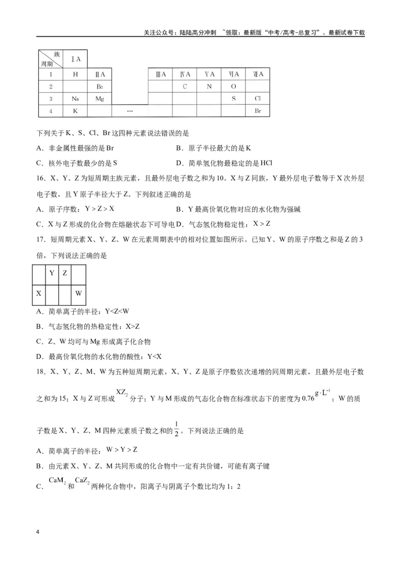 《第14讲元素周期律和元素周期表（练）-（原卷版）_05-化学-高考总复习_一轮复习_2024年_2024年高考化学大一轮复习精讲精练+专题讲座_资料》第4页预览