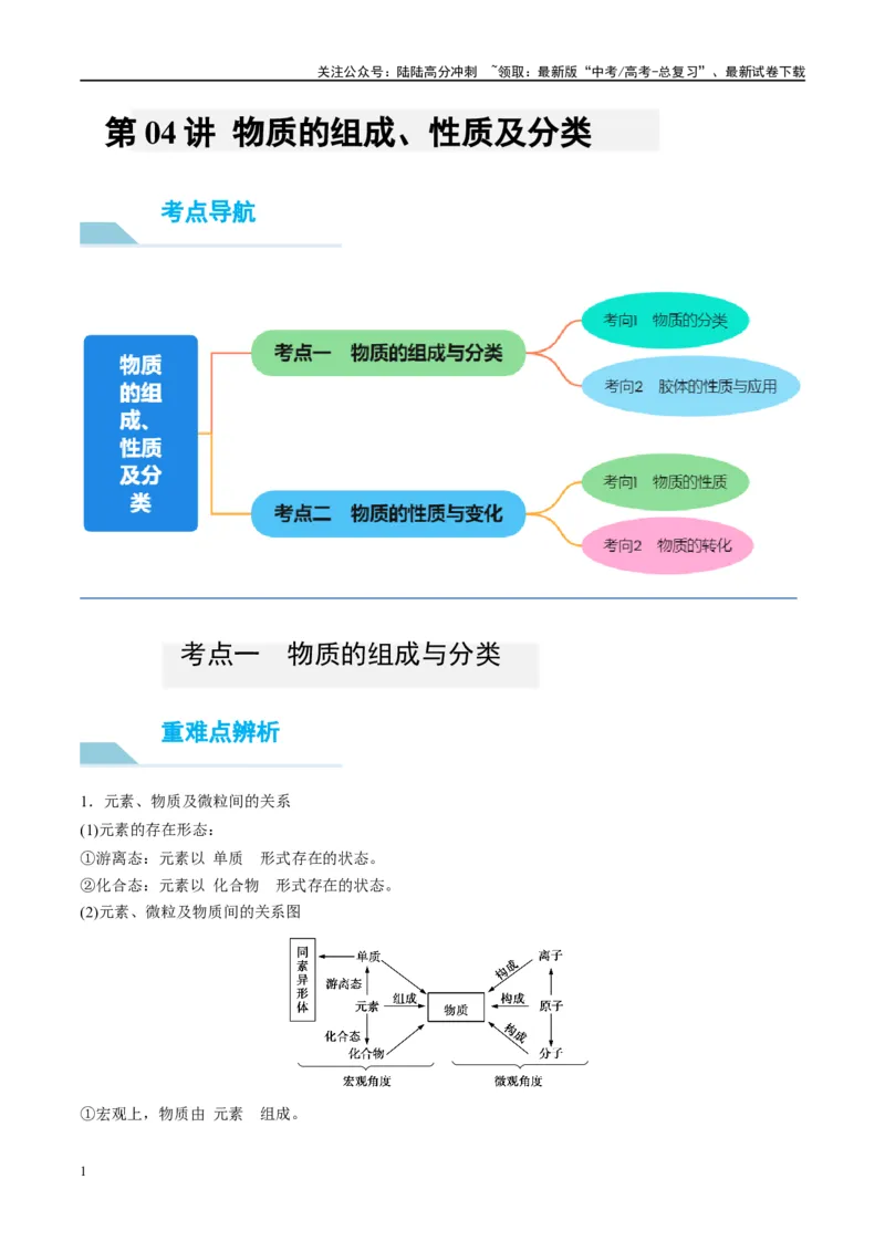 《第04讲物质的组成、性质及分类（讲义）-（解析版）_05-化学-高考总复习_一轮复习_2024年_2024年高考化学大一轮复习卓越讲义_资料》第1页预览