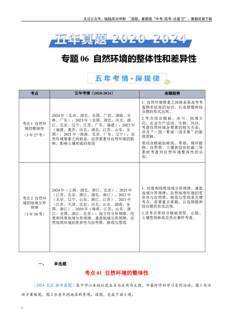 《专题06自然环境整体性和差异性+原卷版_07-地理-高考总复习_专项复习_2025年_五年2020-2024高考真题分类汇编高考地理真题分类汇编（全国通用）》第1页预览