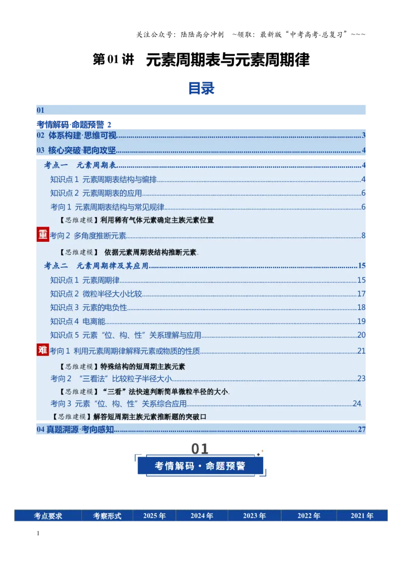 《第01讲元素周期表与元素周期律（教师版）_05-化学-高考总复习_一轮复习_2026年-化学高考一轮复习_2026年高考化学一轮课件+讲义+练习（福建专用）-G328_第五章物质结构与性质元素周期律》第1页预览