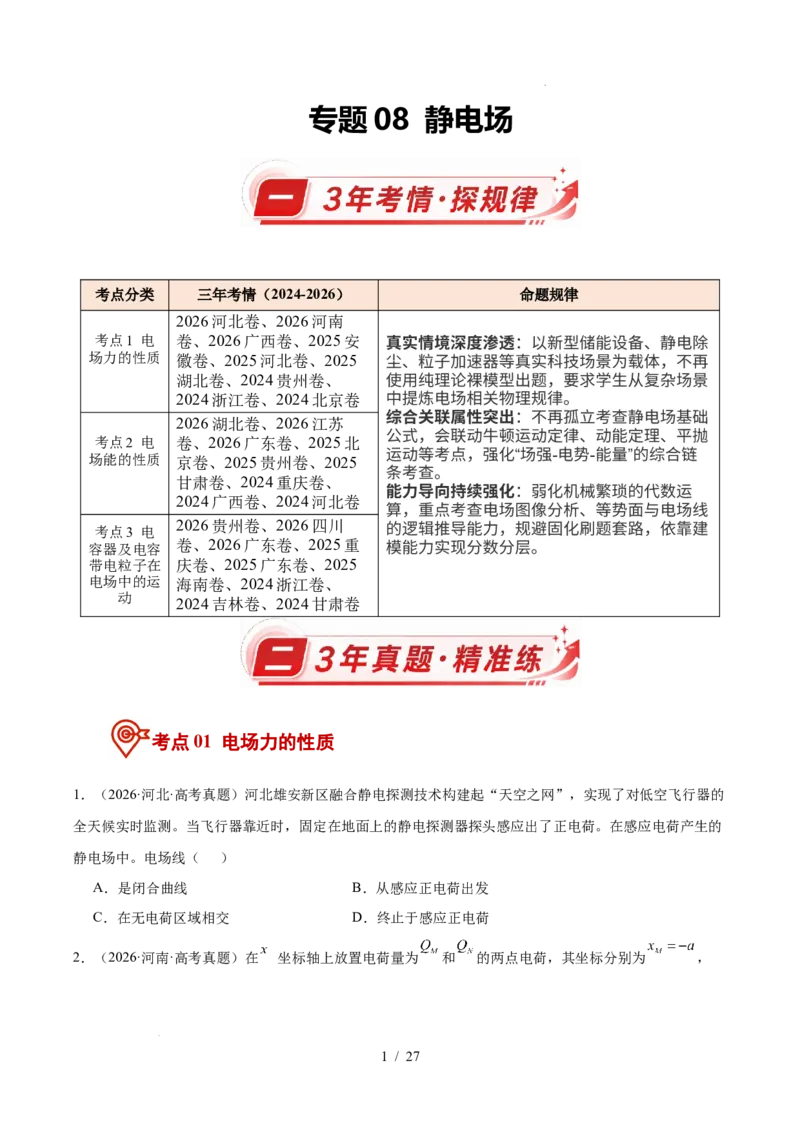 《专题08静电场（3年汇编）（全国通用）（原卷版）_小初高学习资料合集（每天更新）_高考物理真题（2024-2026）分类汇编》第1页预览