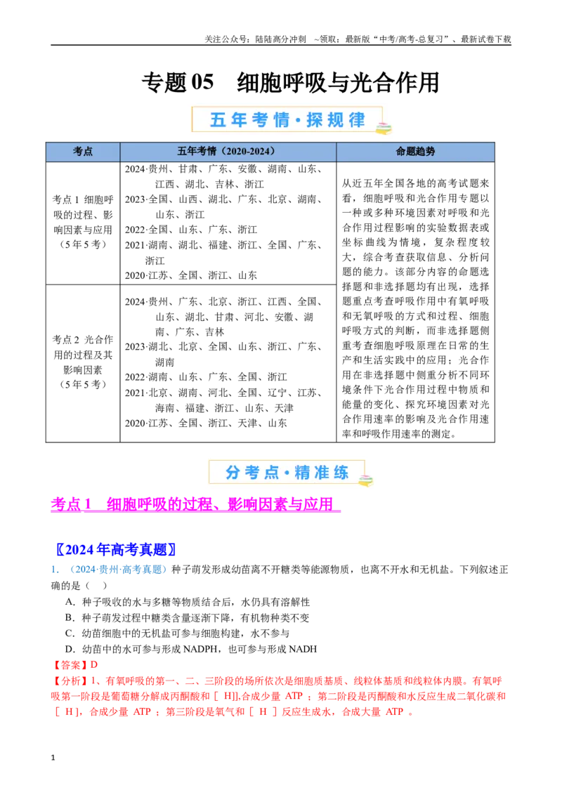 《专题05细胞呼吸与光合作用（解析版）_06-生物-高考总复习_专项复习_2024年_2024年高考生物真题分类汇编（全国通用）》第1页预览