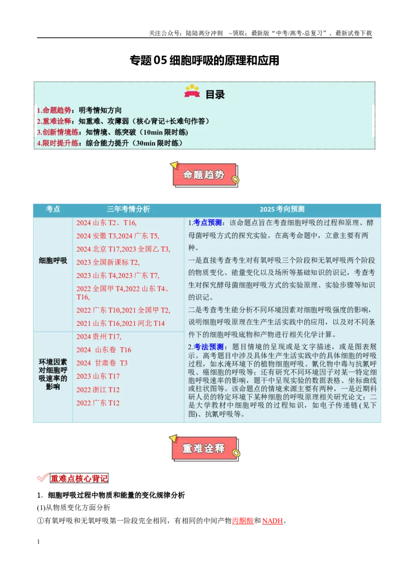 《专题05细胞呼吸的原理和应用（原卷版）_06-生物-高考总复习_专项复习_2025年_2025年高考生物重难点讲义专练（新高考通用）》第1页预览