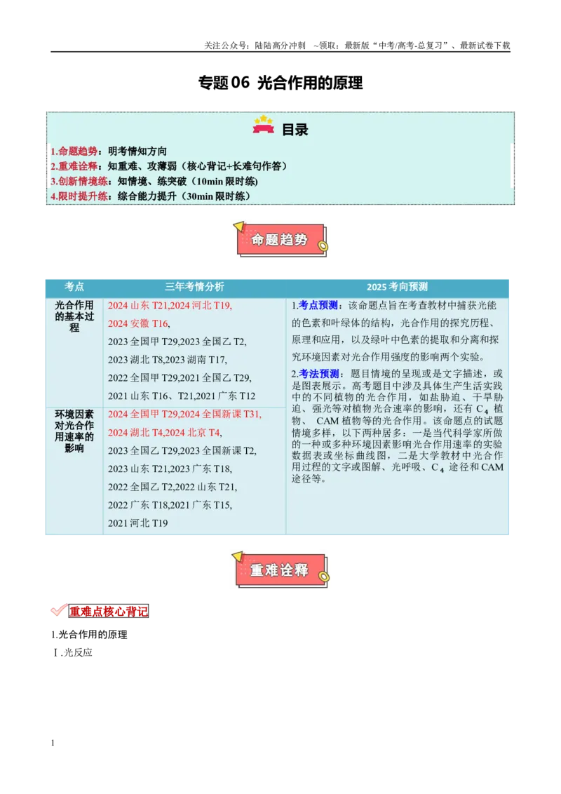 《专题06光合作用的原理（原卷版）_06-生物-高考总复习_专项复习_2025年_2025年高考生物重难点讲义专练（新高考通用）》第1页预览