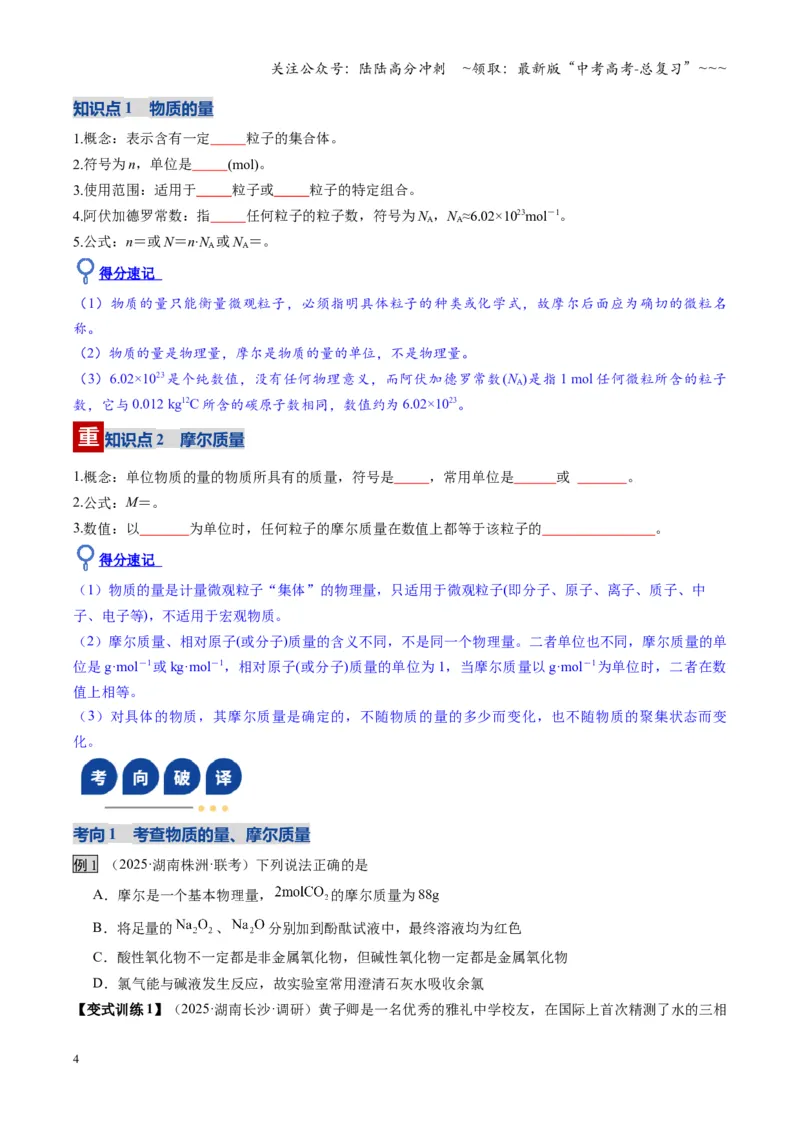 《第01讲物质的量、气体摩尔体积（复习讲义）（湖南专用）（学生版）_05-化学-高考总复习_一轮复习_2026年-化学高考一轮复习_2026年高考化学一轮课件+讲义+练习（湖南专用）-G331》第4页预览