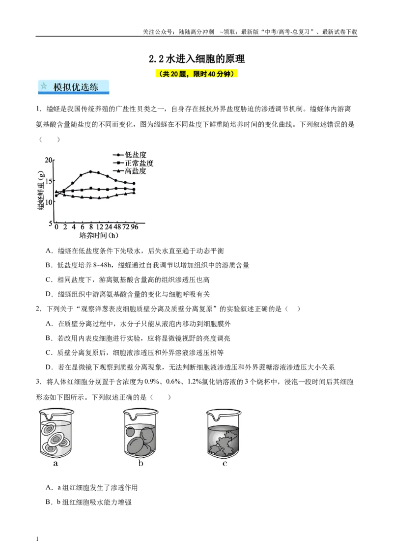 《专题04水进入细胞的原理（学生版）_06-生物-高考总复习_一轮复习_2025年_2025年高考生物一轮复习考点精讲精练（新高考通用）》第1页预览