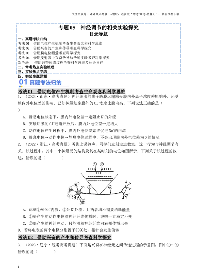 《专题05神经调节的相关实验探究（原卷版）_06-生物-高考总复习_专项复习_2024年_2024年高考生物热点实验分析预测题型归纳重难讲解_资料》第1页预览