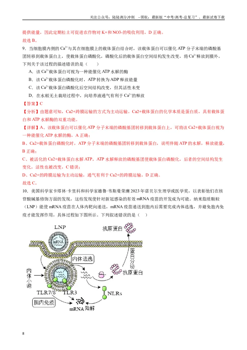 《专题03物质运输（解析版）_06-生物-高考总复习_专项复习_2024年_2024年高考生物经典小题必刷_资料》第8页预览