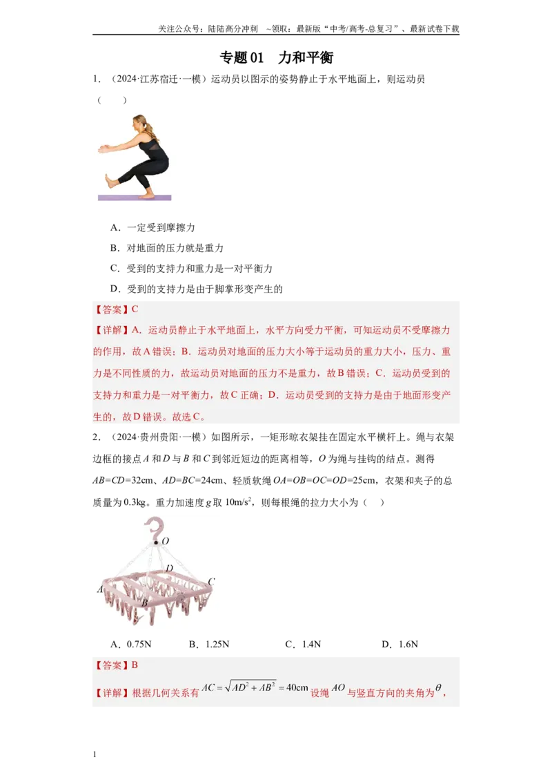 《专题02力和平衡（解析版）_04-物理-高考总复习_专项复习_2025年_2024年高考一模试题分类汇编物理新高考专用》第1页预览