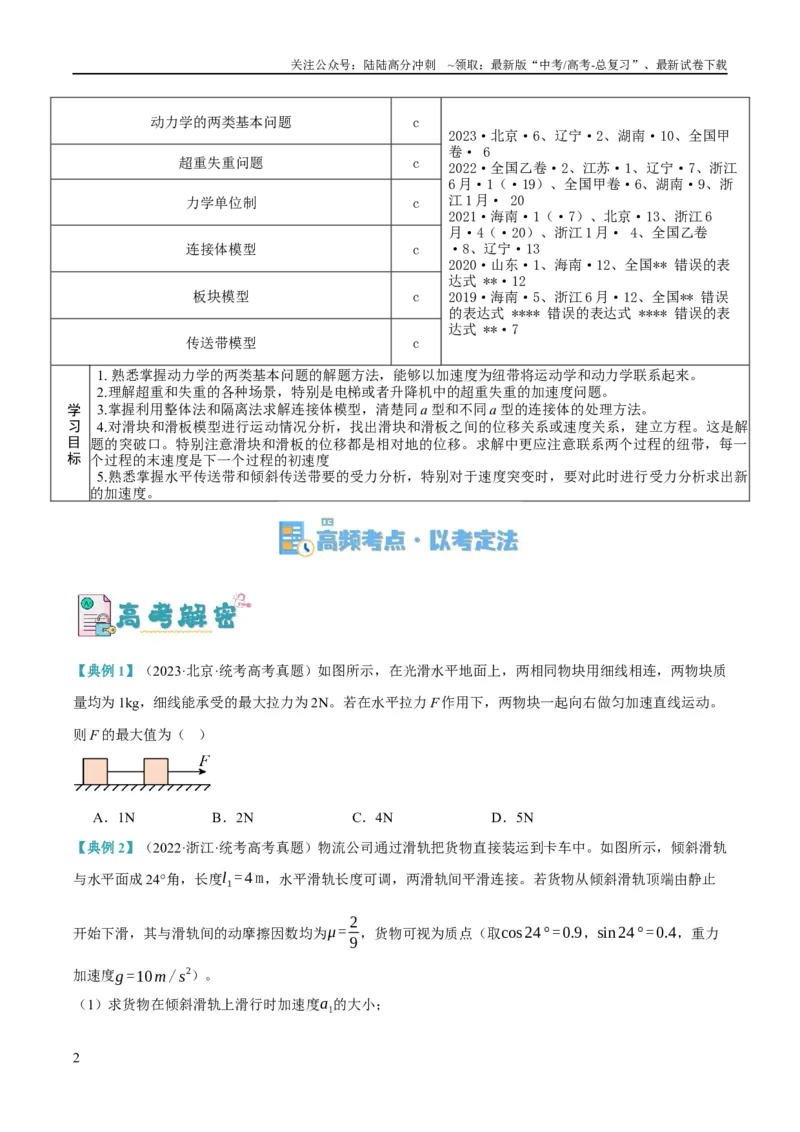 《专题03牛顿运动定律的综合运用（讲义）（原卷版）_04-物理-高考总复习_二轮复习_2024年_2024年高考物理二轮复习高频考点追踪与预测（新高考专用）_讲义》第2页预览