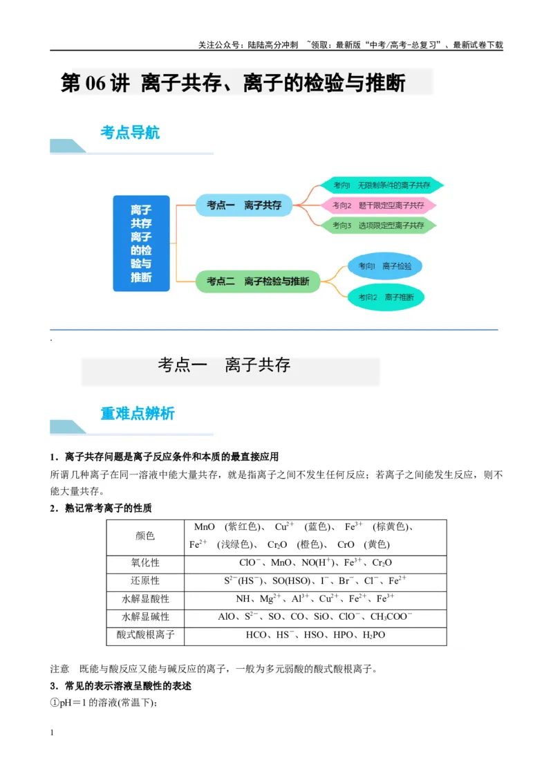 《第06讲离子共存、离子的检验与推断（讲义）-（解析版）_05-化学-高考总复习_一轮复习_2024年_2024年高考化学大一轮复习卓越讲义_资料》第1页预览