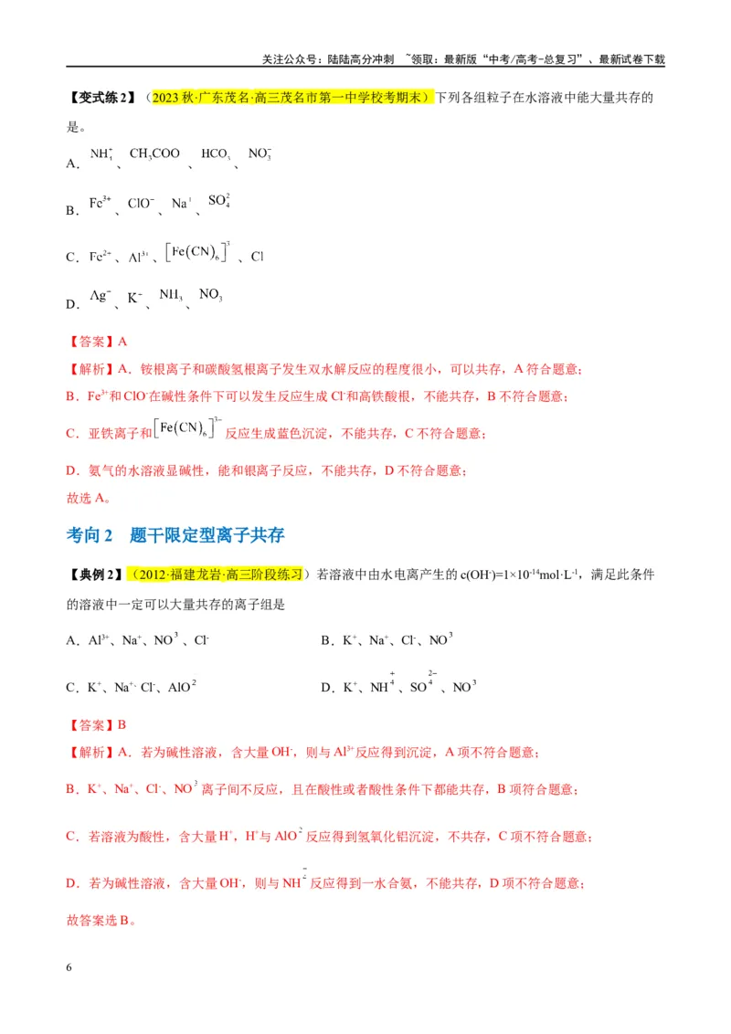《第06讲离子共存、离子的检验与推断（讲义）-（解析版）_05-化学-高考总复习_一轮复习_2024年_2024年高考化学大一轮复习卓越讲义_资料》第6页预览