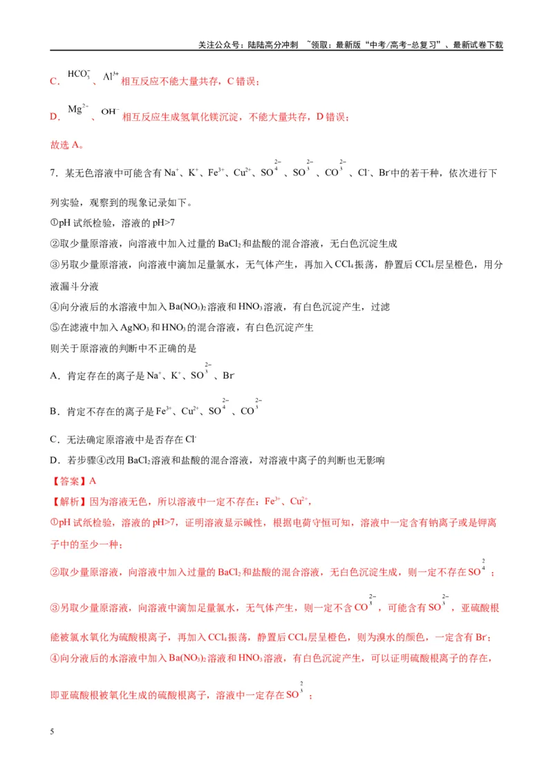 《第06讲离子共存、离子的检验与推断（特训）-（解析版）_05-化学-高考总复习_一轮复习_2024年_2024年高考化学大一轮复习卓越讲义_资料》第5页预览