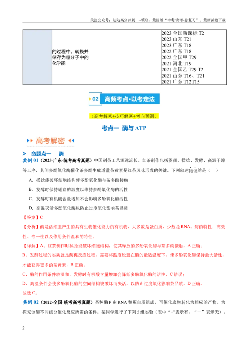《专题02细胞的能量供应与利用（讲义）（解析版）_06-生物-高考总复习_二轮复习_2024年_2024年高考生物二轮复习高频考点追踪与预测（新高考专用）_讲义_教师版（含答案解析）》第2页预览