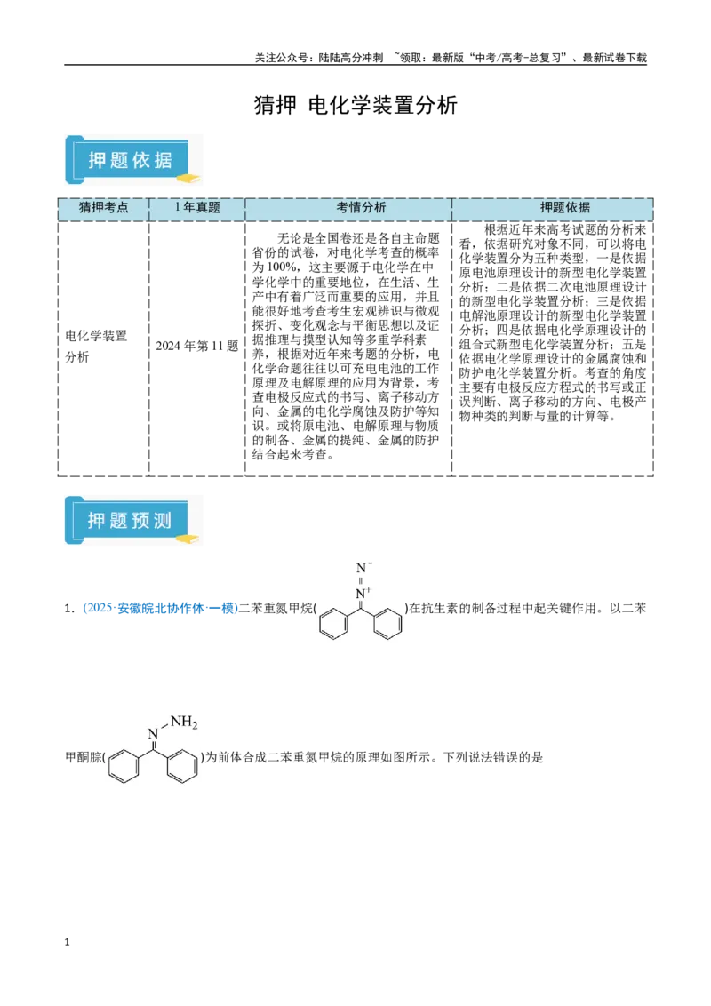 《猜押07电化学装置分析（教师版）_05-化学-高考总复习_专项复习_2025年_2025年高考化学抢押秘籍（安徽专用）》第1页预览