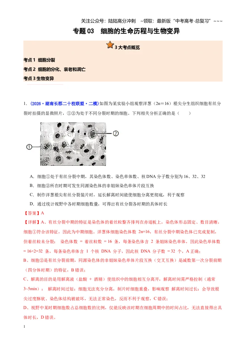 《专题03细胞的生命历程与生物变异（教师版）_06-生物-高考总复习_专项复习_2026年-生物高考专项复习_2026年高考生物二模试题分类汇编（湖南专用）-G292_2026版》第1页预览