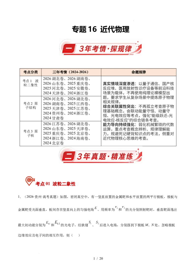 《专题16近代物理（3年汇编）（全国通用）（原卷版）_小初高学习资料合集（每天更新）_高考物理真题（2024-2026）分类汇编》第1页预览