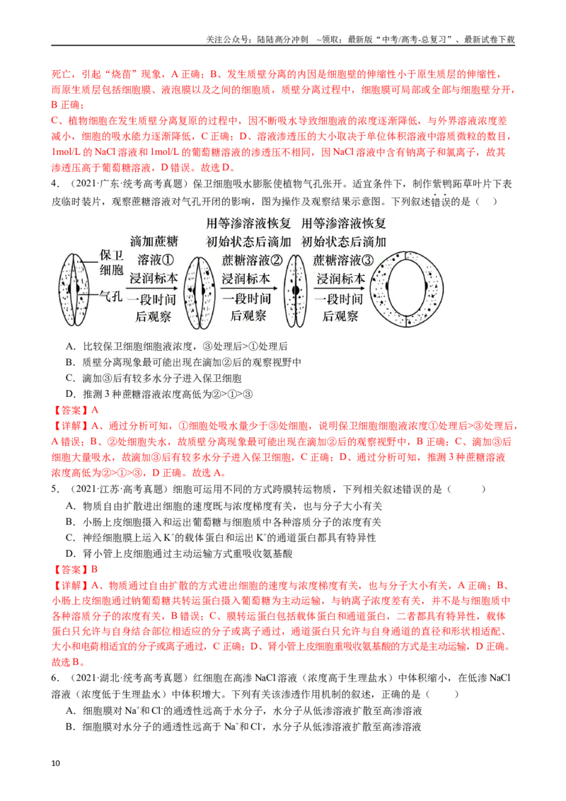 《专题03物质运输（解析版）_06-生物-高考总复习_专项复习_2024年_2024年新高考生物复习热点考点真题模拟题必刷题练_资料》第10页预览