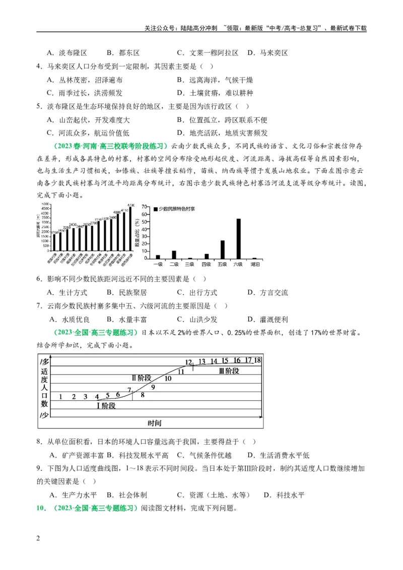 《1.1人口分布与人口容量（练习）（原卷版）_07-地理-高考总复习_一轮复习_2024年_2024年高考地理一轮复习考点帮（新高考专用）_第三部分人文地理_练习（原卷版+解析版）》第2页预览