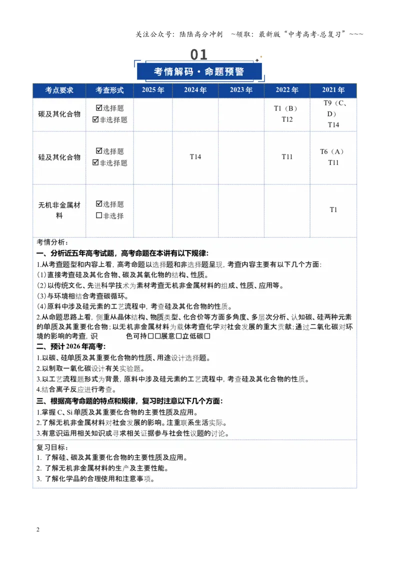 《第04讲碳、硅及无机非金属材料（复习讲义）（福建专用）（教师版）_05-化学-高考总复习_一轮复习_2026年-化学高考一轮复习_2026年高考化学一轮课件+讲义+练习（福建专用）-G328》第2页预览