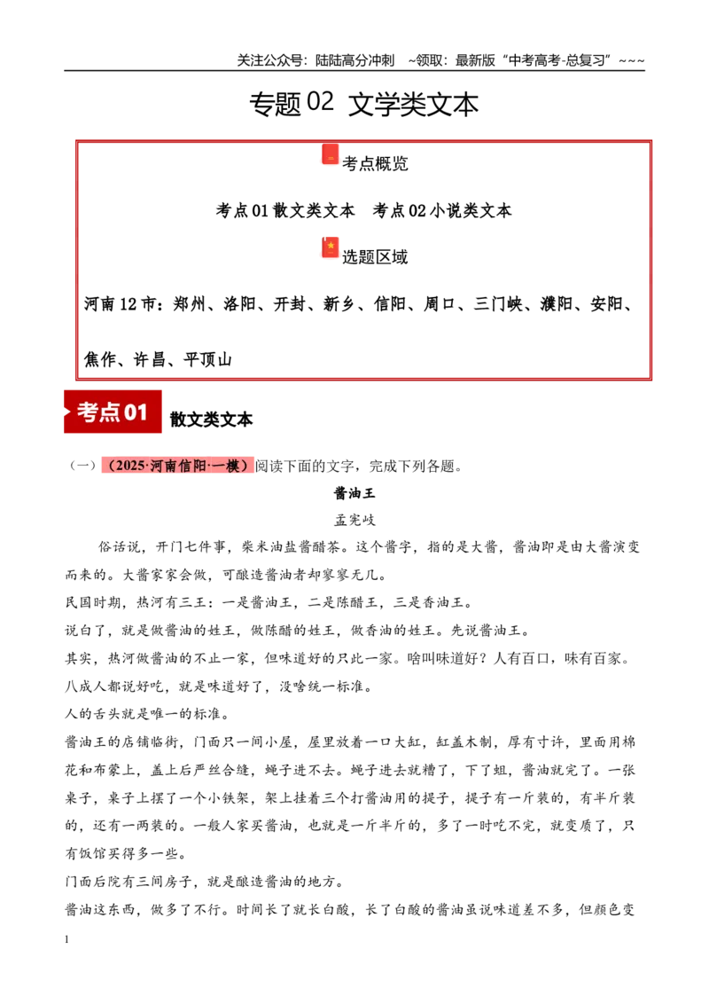 《专题02文学类文本（教师版）_专项复习_2026年-语文专项复习_2025年高考语文一模试题分类汇编（河南专用）》第1页预览
