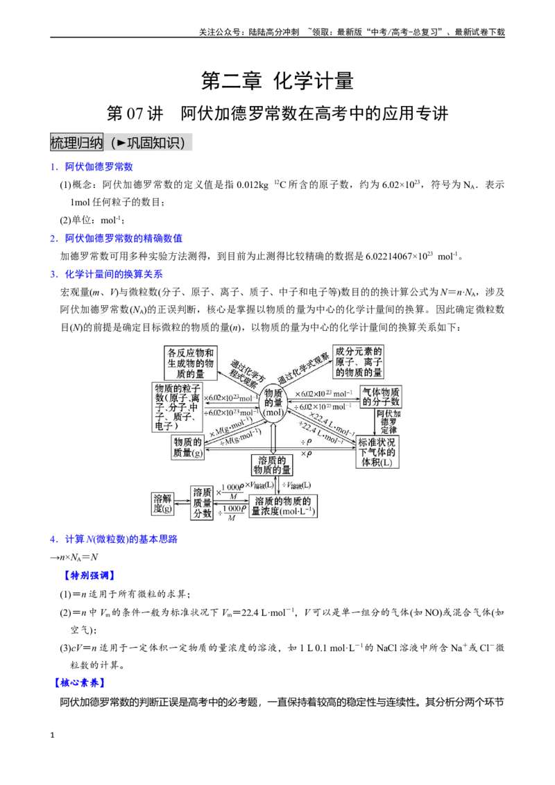 《第07讲阿伏加德罗常数在高考中的应用专讲（讲义通关）（原卷版）_05-化学-高考总复习_一轮复习_2024年_2024年高考化学一轮复习基础大通关（新教材新高考）_资料》第1页预览