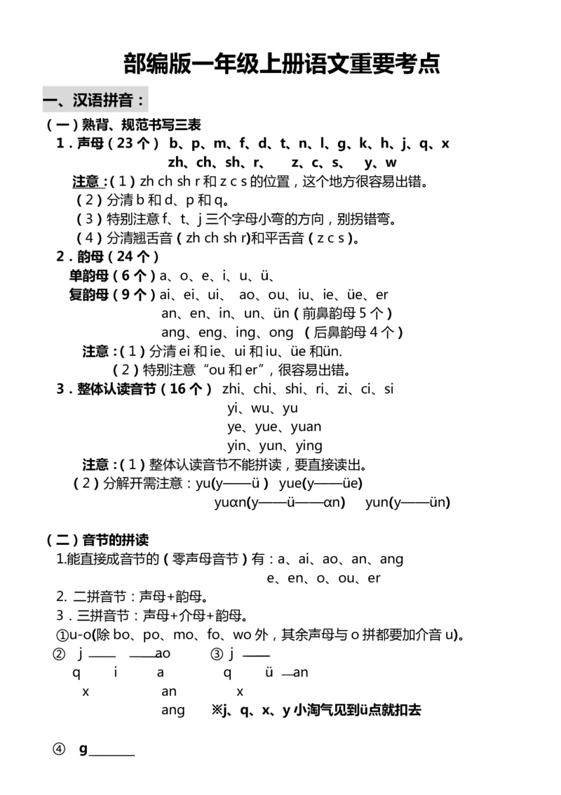 《一（上）语文重要考点(1)_小学1-6年级全科全套_1-6年级全科上册_一年级_语文_语文一上期末归类复习》第1页预览