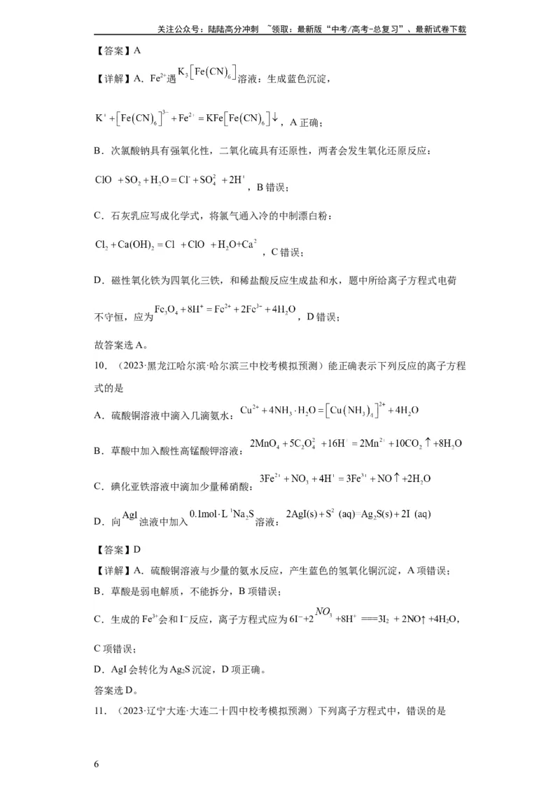《离子方程式的正误判断（解析版）_05-化学-高考总复习_一轮复习_2024年_2024年高三化学一轮复习高考专项训练知识梳理练习_资料》第6页预览