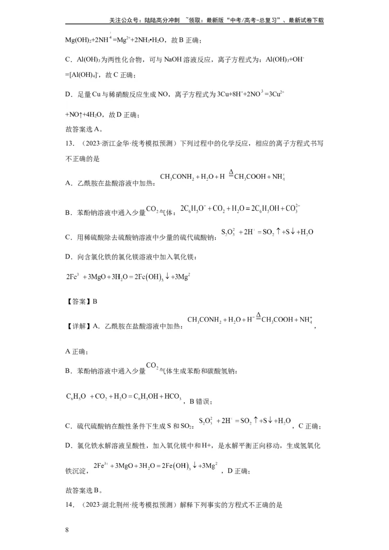 《离子方程式的正误判断（解析版）_05-化学-高考总复习_一轮复习_2024年_2024年高三化学一轮复习高考专项训练知识梳理练习_资料》第8页预览