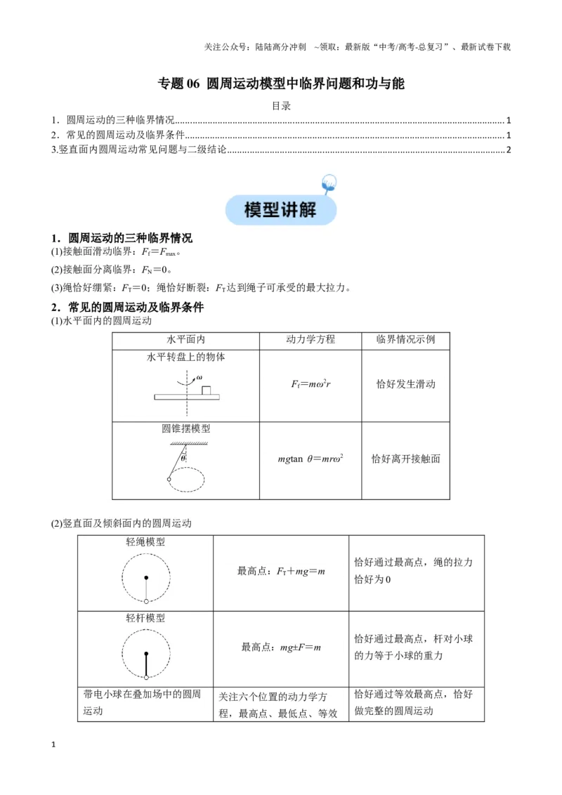 《专题06圆周运动模型中临界问题和功与能（学生版）_04-物理-高考总复习_专项复习_2025年_2025年高中高考物理模型与方法_资料_6高考热点模型》第1页预览