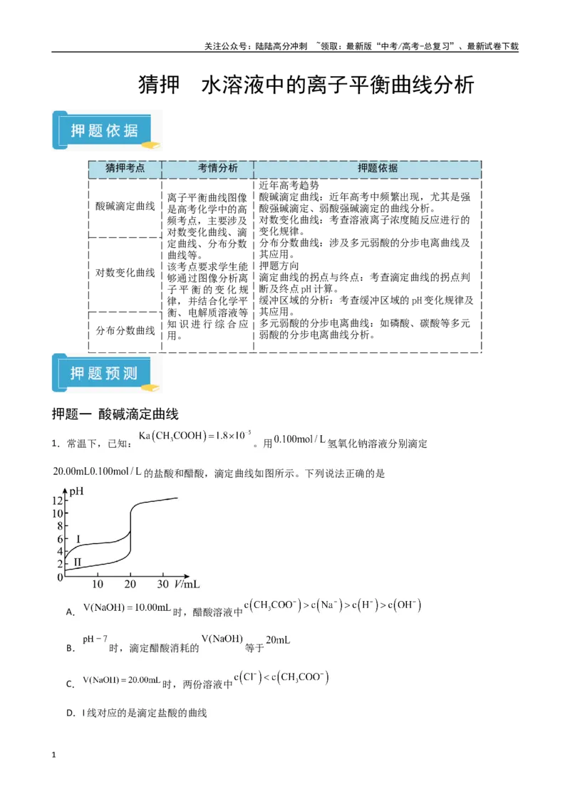《猜押水溶液中的离子平衡曲线分析（学生版）_05-化学-高考总复习_专项复习_2025年_2025年高考化学抢押秘籍（陕西、山西、宁夏、青海专用）》第1页预览