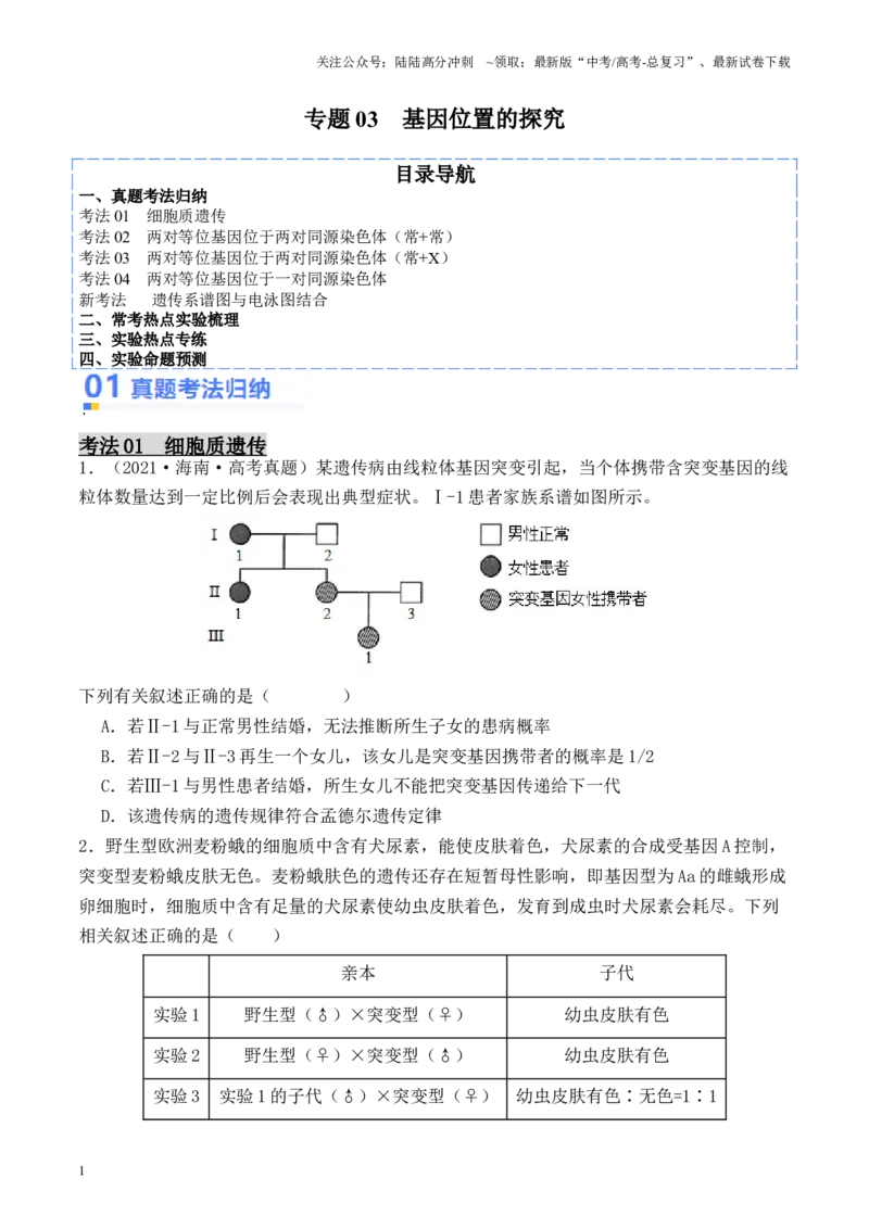 《专题03基因位置的探究（原卷版）_06-生物-高考总复习_专项复习_2024年_2024年高考生物热点实验分析预测题型归纳重难讲解_资料》第1页预览