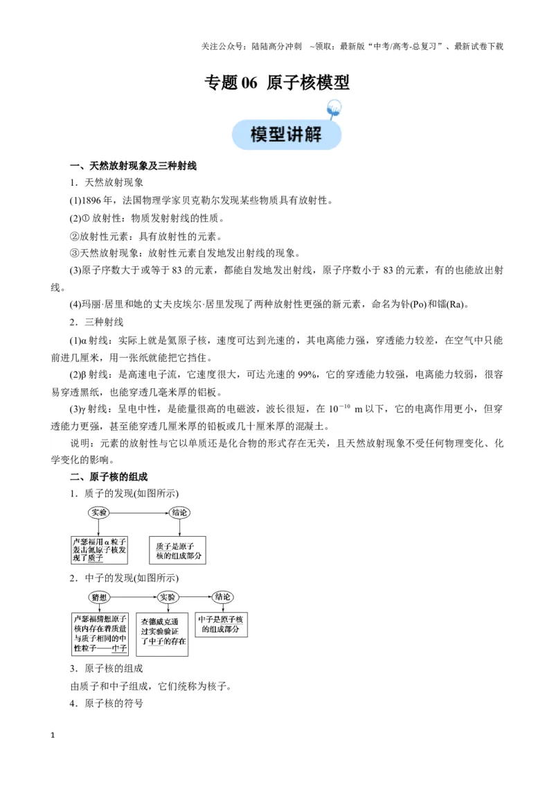 《专题06原子核模型（学生版）_04-物理-高考总复习_专项复习_2025年_2025年高中高考物理模型与方法_资料_3高中（全册）_选择性必修第三册》第1页预览