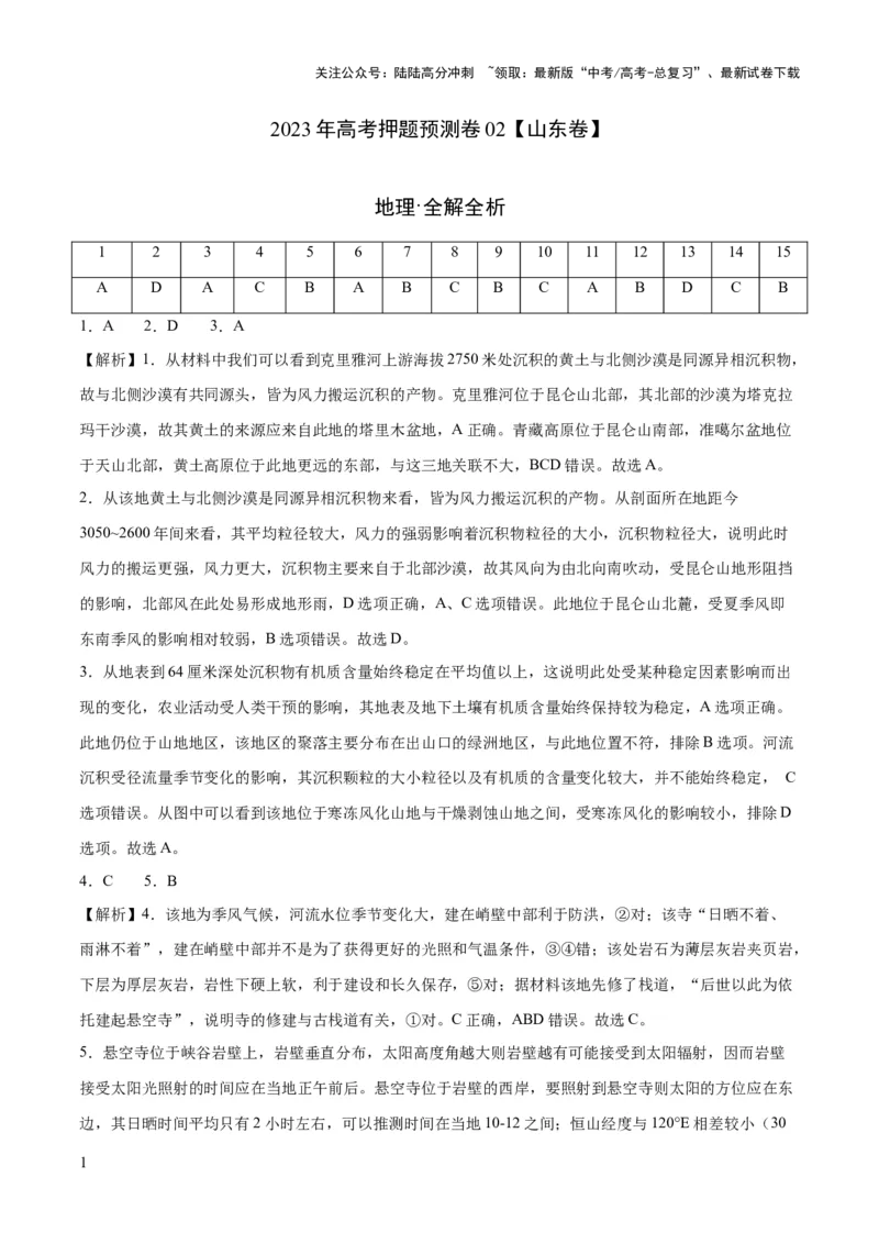 《2023年高考押题预测卷02（山东卷）-地理（全解全析）_07-地理-高考总复习_专项复习_2024年_2023年地理高考押题预测卷01》第1页预览