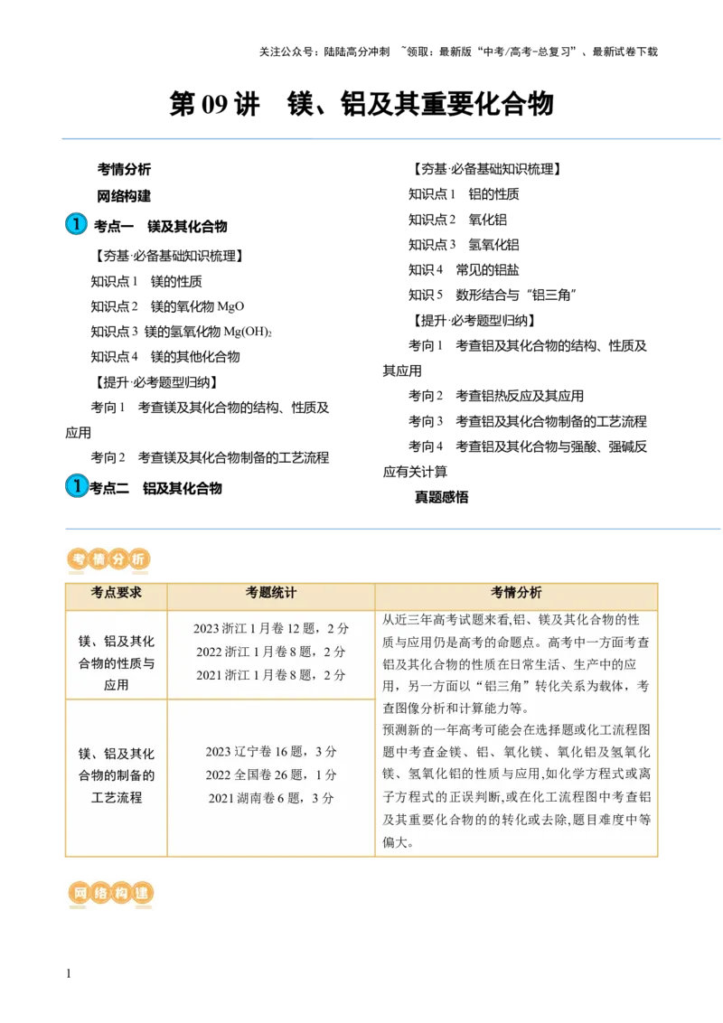 《第09讲镁、铝及其重要化合物（讲义）（原卷版）_05-化学-高考总复习_一轮复习_2024年_2024年高考化学一轮复习讲练测(课件+讲义+练习)（新高考）_讲义+练习》第1页预览