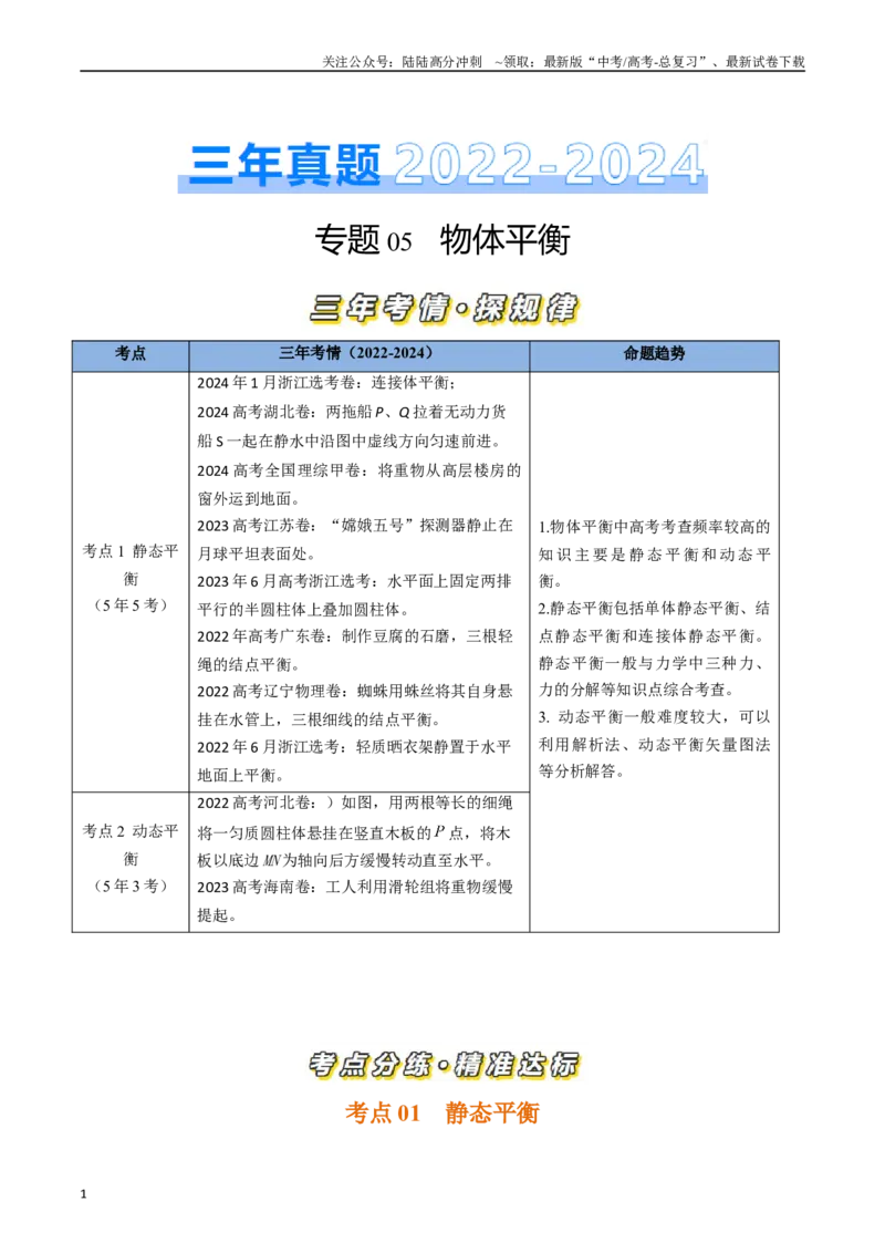 《专题05物体平衡（全国通用）（原卷版）_04-物理-高考总复习_专项复习_2025年_五年（2020-2024）高考物理真题分类汇编（全国通用）》第1页预览