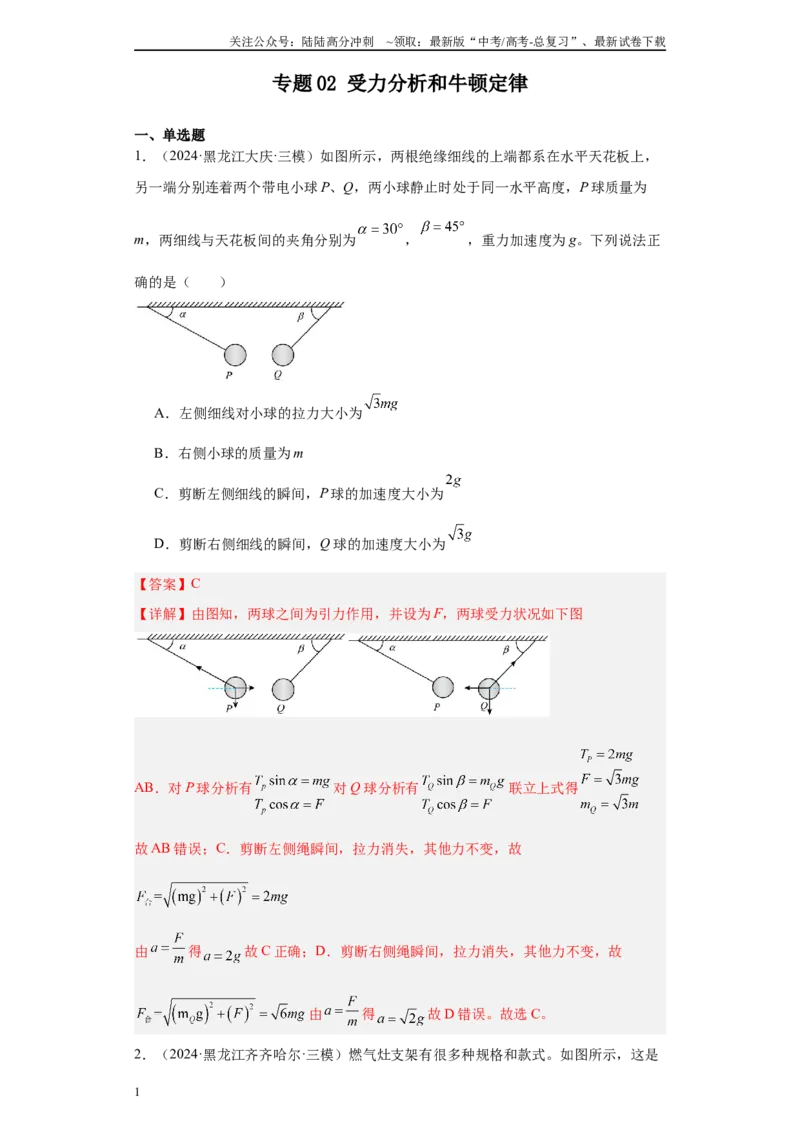 《专题02受力分析和牛顿定律（解析版）_04-物理-高考总复习_专项复习_2025年_2024年高考三模试题分类汇编物理新七省专用》第1页预览