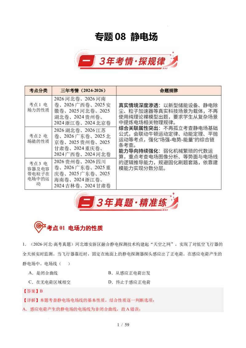 《专题08静电场（3年汇编）（全国通用）（解析版）_小初高学习资料合集（每天更新）_高考物理真题（2024-2026）分类汇编》第1页预览